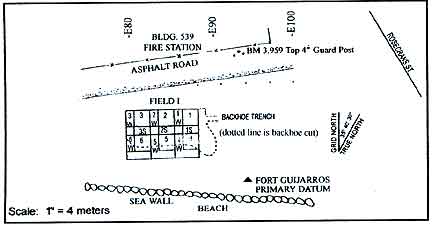 Figure 9.8 Map of Field I excavation units in 1981 south of Building 539, north of the sea wall. 