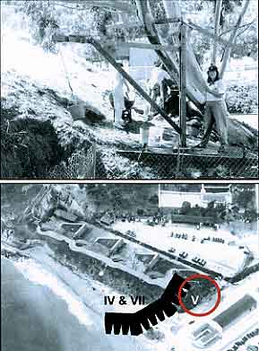 Figure 8.30 Top: View of Andrea McKee at the wooden crane used to lower and raise buckets in Fields IV, V, VI, and VII. Bottom: Composite using 1943 aerial photograph of United States Army Fort Rosecrans Coast Artillery Battery Wilkeson with Donaldson’s Fort Guijarros postulated location as an overlay to show location of Field IV, V, and VII excavation areas indicated by red circle. Fort Guijarros Museum Foundation Photo Collection, P:86-7181 and P:86-1033-16