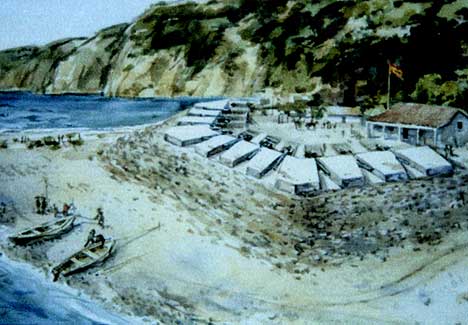 Figure 7.1 Fort Guijarros. 1990. Watercolor by Jay Wegter. Hypothetical depiction of what the fort may have looked like based upon archaeological and historical interpretation. 