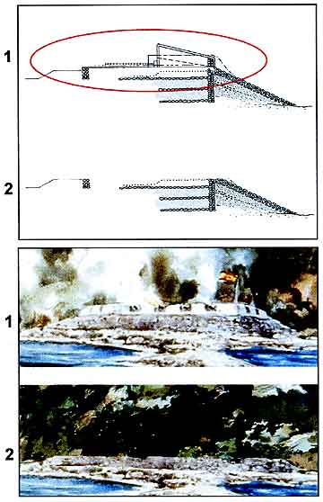 Figure 9.3 Top: 1 and 2 show fort cross-section before and after removal of the parapet walls. Bottom: These illustrations show a portion of Jay Wegter’s watercolor Battle of San Diego Bay depicting (1) a hypothetical view of Fort Guijarros and (2) the fort with the removal of the upper walls.