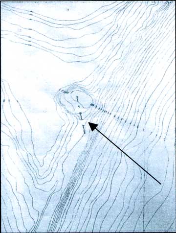 Figure 8.1 The earliest known American topographic survey of Ballast Point showing the location of the ruined fort, 1867. Arrow points to mound of Fort Guijarros’ ruins, with notation “Ruins of Spanish Battery.” Map of Ballast Point, U.S. Army Corps of Engineers. 