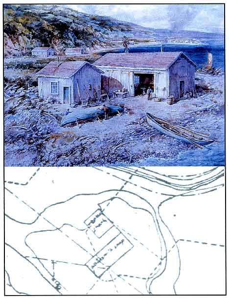 Figure 8.10 Top: Jay Wegter’s watercolor interpretation of the pre-1896 whaler’s shanty and blacksmith’s shop. Bottom: 1896 Army Corps of Engineer’s Map excerpt showing the mound of the ruins of Fort Guijarros with the whaler’s shanty and blacksmith’s shop buildings located on top of the mound.