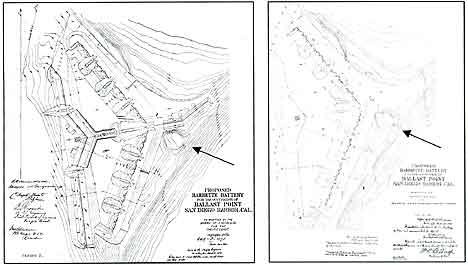 Figure 8.11 Two maps for Fort San Diego, the proposed elaborate Barbette Battery at Ballast Point, in (left) 1872 and (right) 1873. Both of these proposals were designed around the ruins of Fort Guijarros, taking advantage of the same cannon firing lines used by the Spanish engineers when they designed Fort Guijarros to protect the entrance to San Diego Bay.