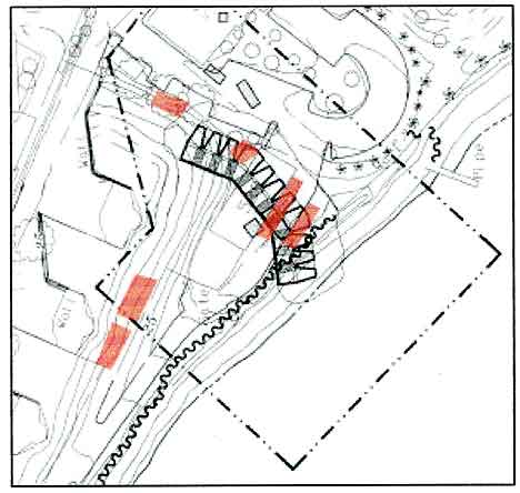 Figure 8.13 Overlay of excavation fields (red) upon composite map of proposed site boundary as theorized by Architect Milford Wayne Donaldson, FAIA. The excavation targeted the fort walls as well as areas in front of and behind the defense walls. 