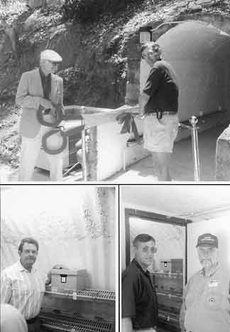 Figure 8.16 Top: C. Fred Buchanan cutting the dedication ribbon for Captain David Stanley, Commanding Officer, U.S. Naval Submarine Base, San Diego, on July 15, 1995. Lower left: CDR. John C. Hinkle, U.S.N. (ret), former Commanding Officer and foundation co-founder placed the first box in the Ballast Point Repository. Lower right: Captain David Stanley and Ron May, Chair of the Board of Directors of the Fort Guijarros Museum Foundation, stand at the entrance of the Ballast Point Repository. Fort Guijarros Museum Foundation Photo Collection: P:95-1985; P:95-1988; P:95-1995.