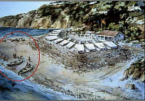 Figure 8.25 A Birdseye View of Fort Guijarros. Jay Wegter. 1990. This hypothetical view of Fort Guijarros shows the target area of Field III. The goal was to test for behavioral activities on or around the glacis and beach beyond the Fort. Instead, an American whaling camp from a much later time period was encountered. 