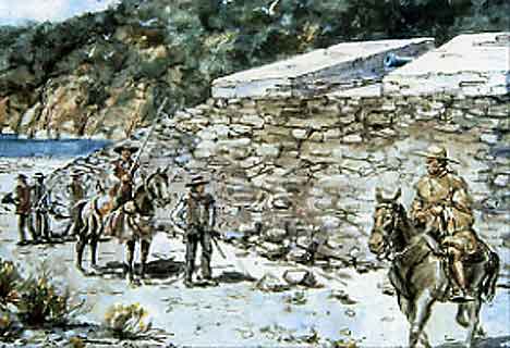 Figure 8.26 Soldiers at Fort Guijarros by Jay Wegter. 1990. This hypothetical interpretation shows how the outside of the Fort may have appeared. Note the sloping walls of the exterior of the Fort.