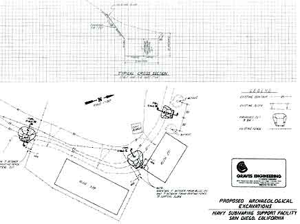 Figure 8.28 Civil Engineer Marty Byrne prepared this design for deep test pits at the request of the Navy Civil Engineer. Once approved, the Fort Guijarros Museum Foundation had to design sufficient shoring to meet the requirements of the Navy Safety Officer. The actual location of Field VI was approximately fifty feet north of Byrne’s proposal in order to avoid interfering with Navy operations. The Field V pit was more to the left once the Navy demolished Building 251 (“The Dolphin Club”). 