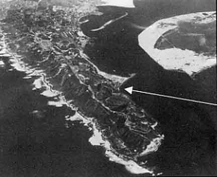 Figure 8.3 Aerial photograph of Point Loma looking north towards San Diego. North Island is located in the upper right of the picture across the harbor. Fort Guijarros Museum Foundation Collection, 90-467. 
