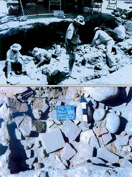 Figure 8.34 Top: Ron May stands, C. Fred Buchanan stretches across the unit, Anne Peter sits at the upper right, and two unidentified crew members worked to the left at Field I in 1987. Bottom: Typical tile rubble at Field VIII. Fort Guijarros Museum Foundation Photo Collection, P:87-2632 and P:95-3163. 
