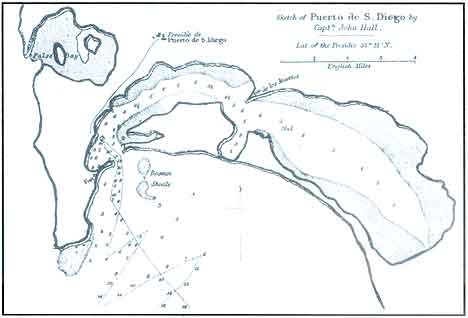 Figure 8.4 1839 map by English Captain John Hall showing San Diego and the location of the Fort and Presidio de Puerto de San Diego as well as navigation information such as channel depth. In Richard F. Pourade’s The History of San Diego: The Silver Dons. 