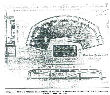 Figure 8.6 Fort analogy from Joaquin Antonio Calderon Quijano showing cannon battery in Campeche, Mexico. Fort Guijarros may have had a similar appearance in 1800.