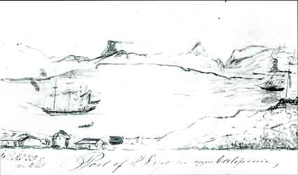 Figure 8.7 An 1843 sketch by Swedish tourist G. M. Waseurtz af Sandels of La Playa with Fort Guijarros depicted to the far right. G. M. Waseurtz af Sandels, 1945 A Soujourn in California by the King’s Orphan: the Travels and Sketches of G. M. Waseurtz af Sandels, a Swedish Gentleman Who Visited California in 1842-1843. San Francisco: Grabhorn Press.