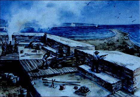 Figure 7.2 La Esplanada. 1990. Watercolor by Jay Wegter. Hypothetical depiction of the soldiers at Fort Guijarros looking out at the entrance to San Diego Bay.