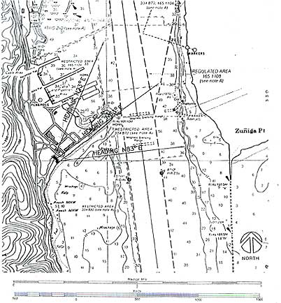 Figure 7.4 Fort Guijarros Probable Plan. Fort Guijarros Probable Plan shows cannon firing headings placed on NOAA San Diego Bay map with sounding depths. Source: NOAA and Architect Milford Wayne Donaldson, FAIA, Inc., dated 1996. 