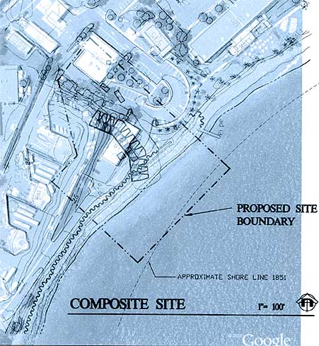 Figure 7.9 Fort Guijarros Composite Site Overlay. The composite site overlay shows the proposed site boundary of Fort Guijarros superimposed over the present-day topography. Source: Architect Milford Wayne Donaldson, FAIA, Inc., dated 1996 and Google Earth 2005 satellite imagery. 