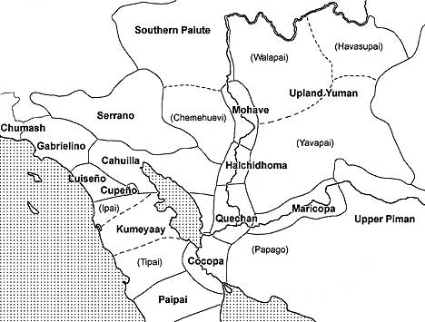 Figure 6.4 The ethnographic distribution of linguistic groups in the region around Lake Cahuilla. 