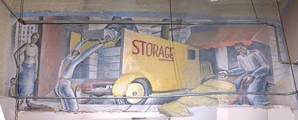 Photograph of Genevieve Burgeson Bredo’s 1936 mural, NRA Packages, uncovered during the 2004 ceiling-tile renovations. Courtesy of Seth Mallios; photo edited by Donna Byczkiewicz.