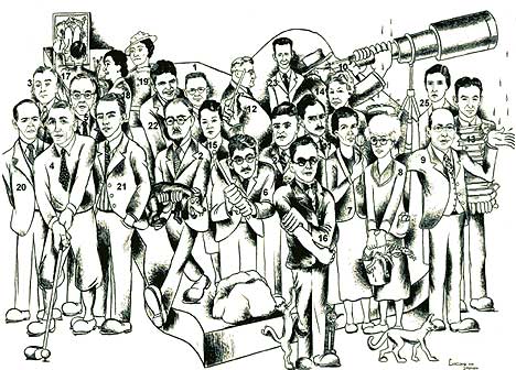 Don Luscomb and George Sorenson’s yearbook caricature of the San Diego State College faculty in the 1936 Del Sudoeste. Courtesy of the San Diego State University Library, University Archives, Photograph Collection; Donated by the Don Luscomb family. The faculty are as follows: 1) Arthur G. Peterson, Economics; 2) Franklin Walker, English; 3) Charles E. Peterson, Physical Education; 4) Oscar Baird, Physics; 5) George Livingston, Mathematics; 6) Baylor Brooks, Geology; 7) Dorothy Harvey, Botany; 8) Myrtle Johnson, Zoology; 9) Dean Blake, Meteorology; 10) Alvena Storm, Geography; 11) Leslie Brown, French and Spanish; 12) Charles Leonard, History; 13) John Paul Stone, Library Instruction; 14) W. T. Skilling, Astronomy; 15) Mary McMullen, Educational Guidance; 16) Robert Harwood, Zoology; 17) Everett Gee Jackson, Art; 18) Marjorie Borsum, Art; 19) Lena Patterson, Art; 20) Elmer Messner, Chemistry; 21) Chesney Moe, Physics; 22) Leo Calland, Physical Education; 23) Dudley Robinson, Chemistry; 24) Fred Beidleman, Music; and 25) Marguerite Johnson, Latin. 