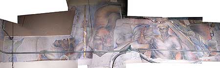 Photograph of George Sorenson’s 1936 mural, San Diego Industry, uncovered during the 2004 ceiling-tile renovations. (A) is the left segment, (B) is the middle segment, and (C) is the right segment.Courtesy of Seth Mallios; photos edited by Donna Byczkiewicz.