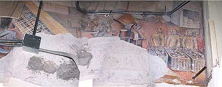 Photograph of George Sorenson’s 1936 mural, San Diego Industry, uncovered during the 2004 ceiling-tile renovations. (A) is the left segment, (B) is the middle segment, and (C) is the right segment.Courtesy of Seth Mallios; photos edited by Donna Byczkiewicz.